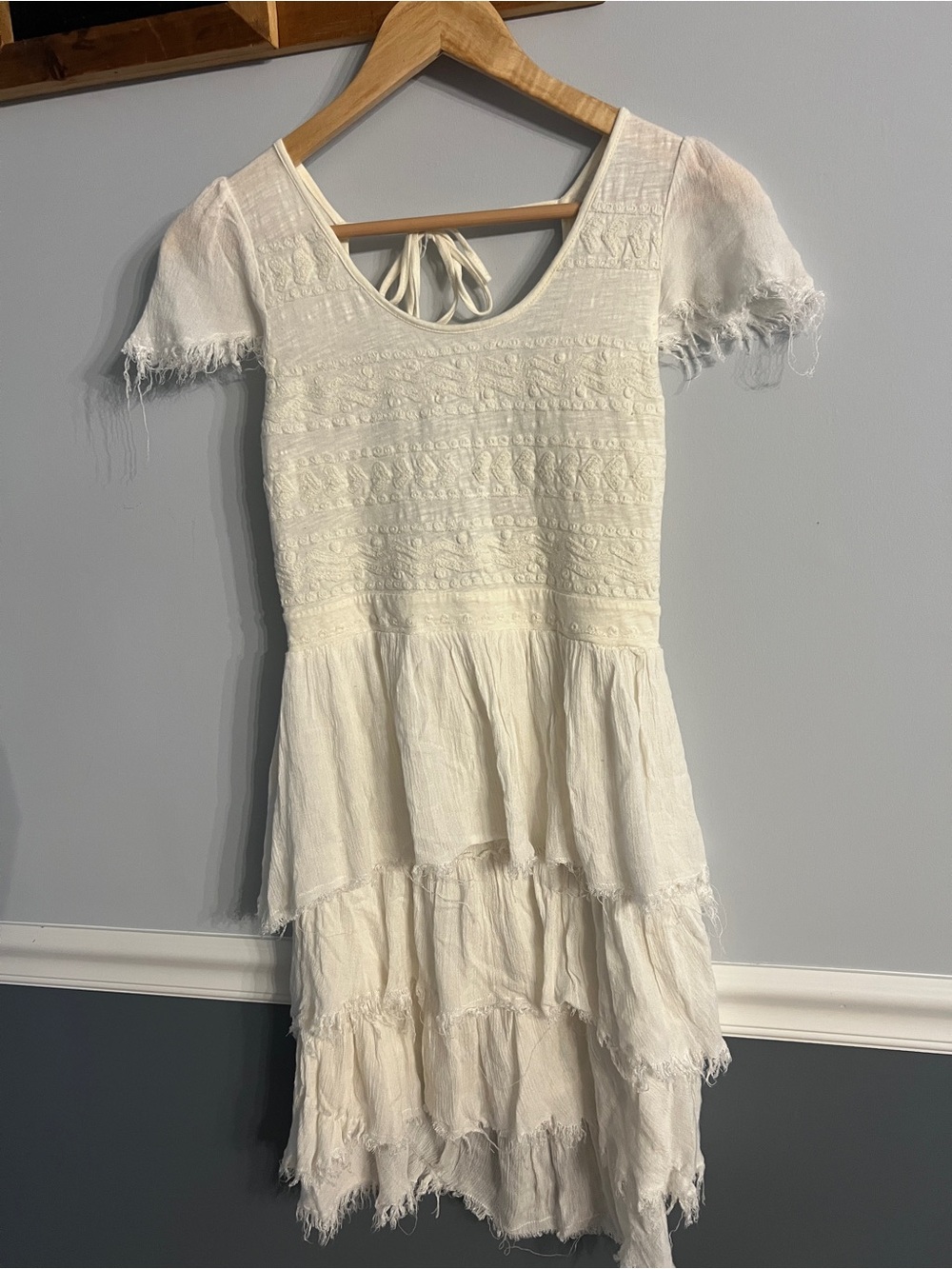 Free People Ivory Embroidered Festival Dress Boho Tiered Raw Hem Open Back XS